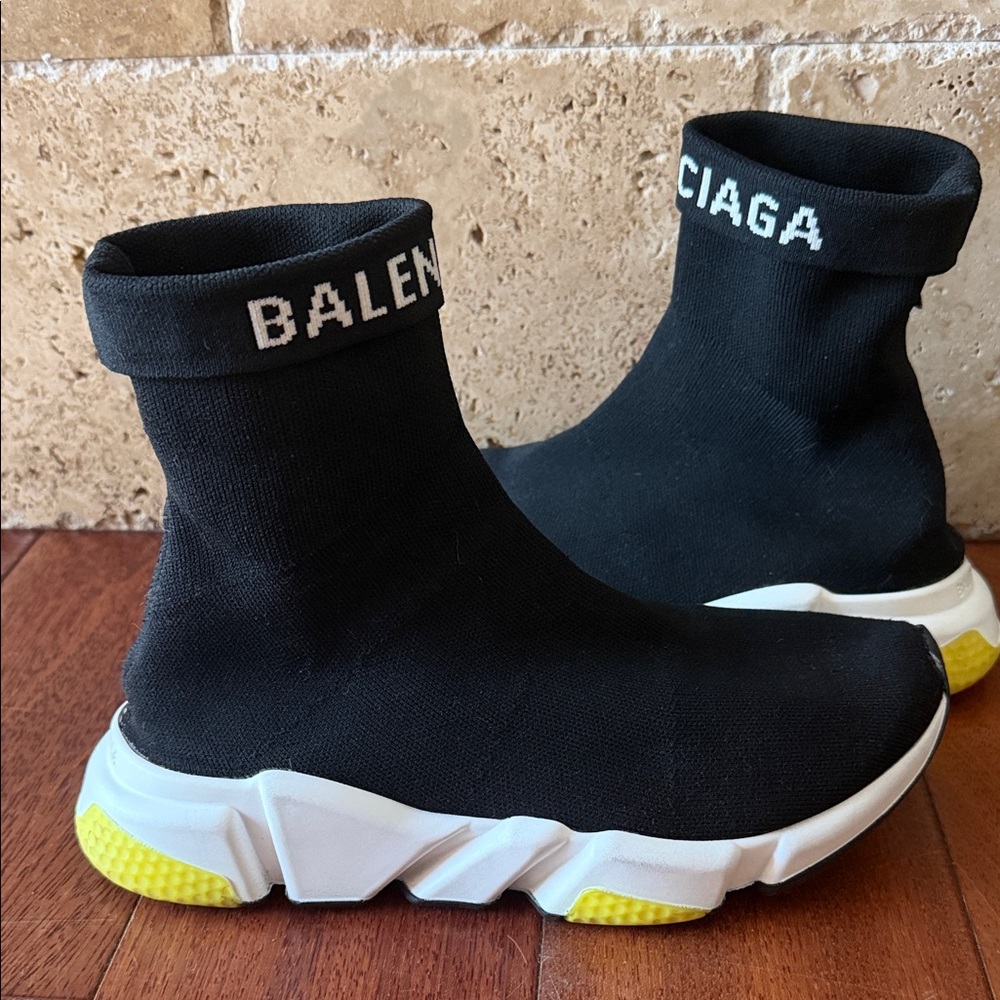 Balenciaga Black and White Sock Sneakers with Yellow Detail